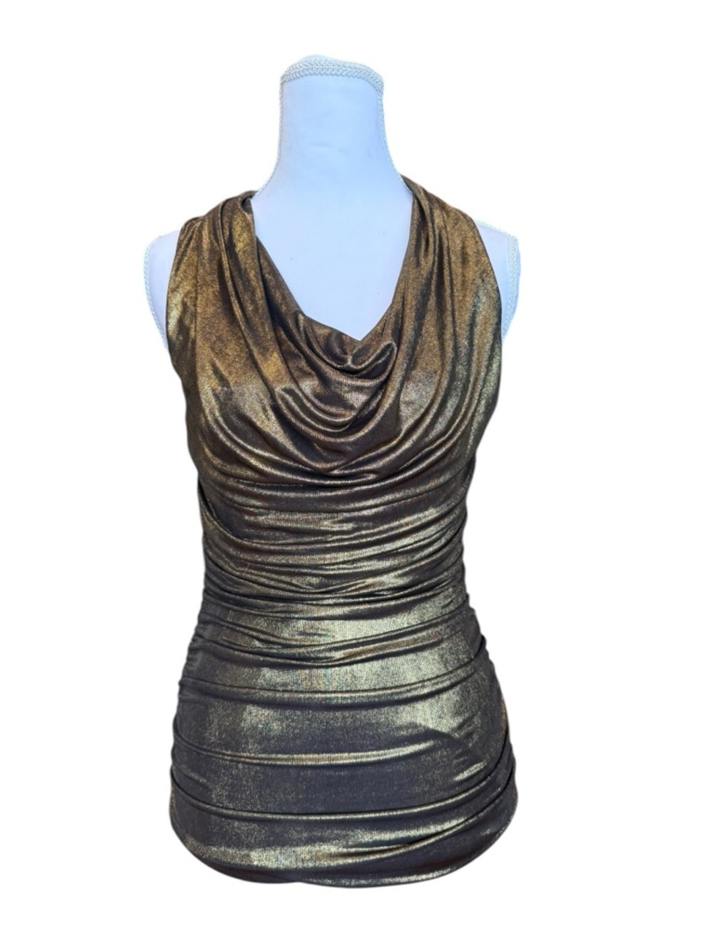 Express Metallic Gold Ruched Cowl Neck Top Size Small Sleeveless Stretch Blouse